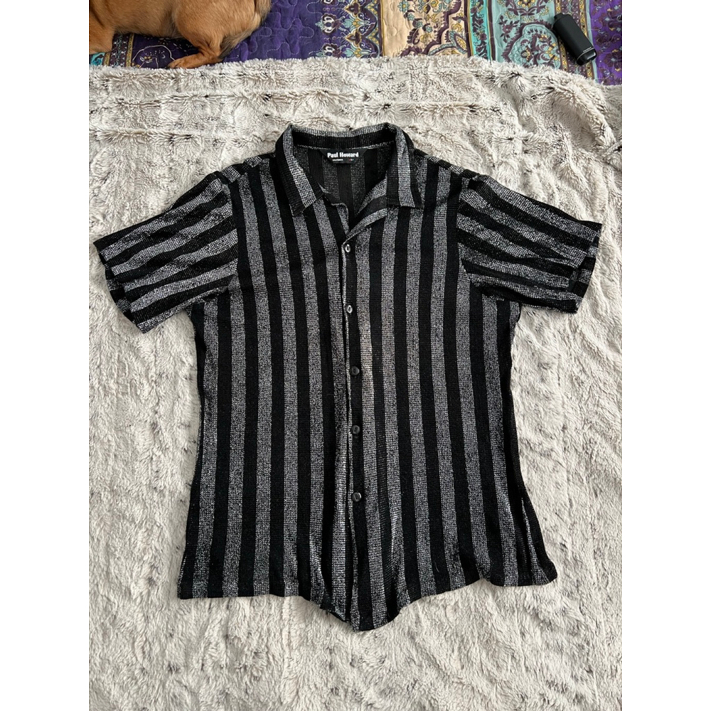 Vintage Y2K Paul Howard Black & Silver Striped Casual Button up Shirt Mens Sz. M - Picture 1 of 14